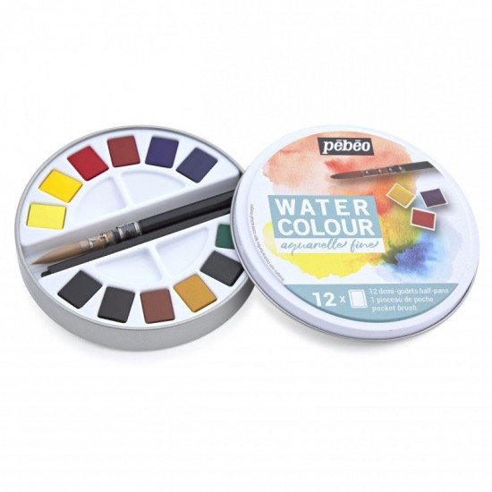 Pebeo Aquarelle Fine Watercolour Round Tin Set of 12 Half Pans & 1 Pocket Brush
